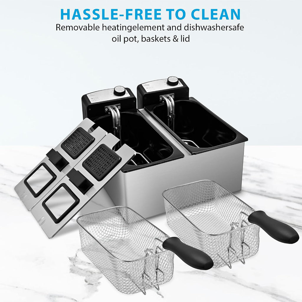 Electric Double Deep Fryer with 2 Baskets & Lids,6L Total Capacity