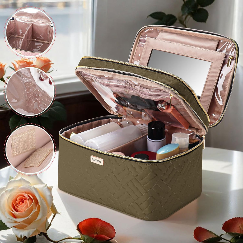 8.8L Double Layer Travel Makeup Bag With Mirror For Women, Large Cosmetic Case, Organizer for Travel-Size Accessories