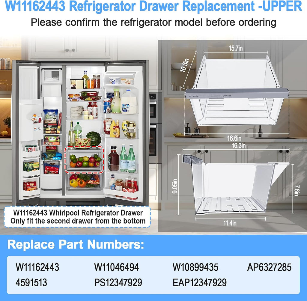 W11162443 Refrigerator Crisper Drawer For Whirlpool Fridge Drawer Bin Part