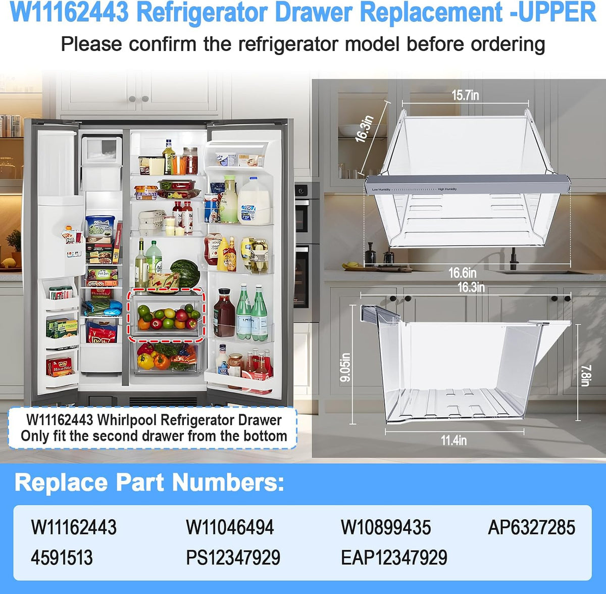 W11162443 Refrigerator Crisper Drawer For Whirlpool Fridge Drawer Bin Part