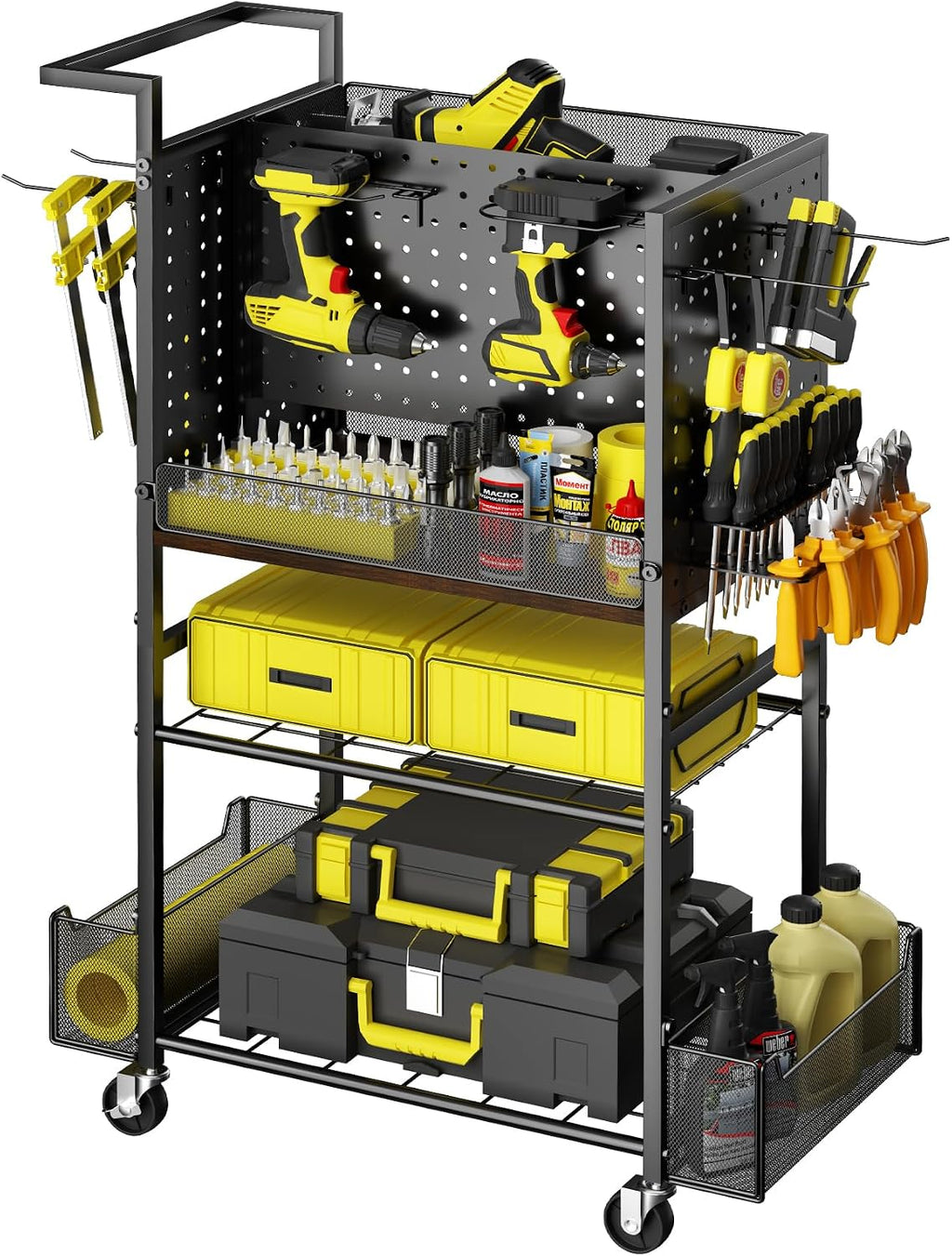 Tool Cart on Wheels, 4-Tier Metal Rolling Utility Cart with Pegboard & Storage Baskets, 242.5 lbs Heavy Duty Tool