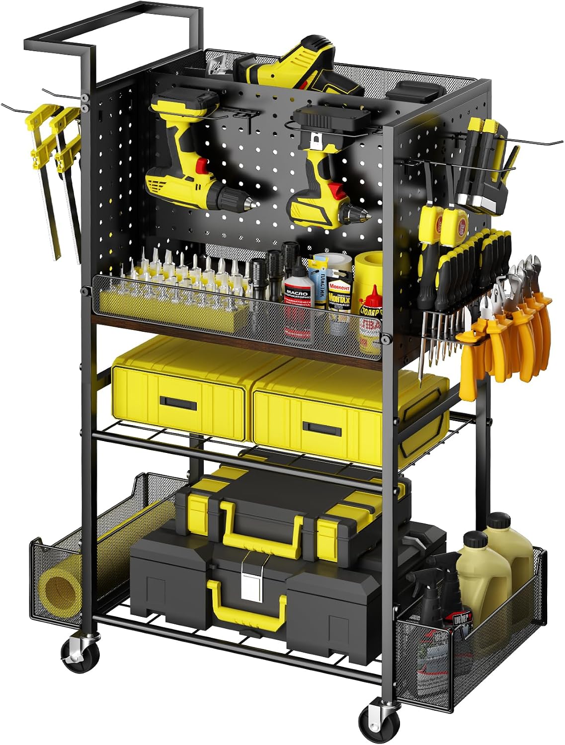 Tool Cart on Wheels, 4-Tier Metal Rolling Utility Cart with Pegboard & Storage Baskets, 242.5 lbs Heavy Duty Tool