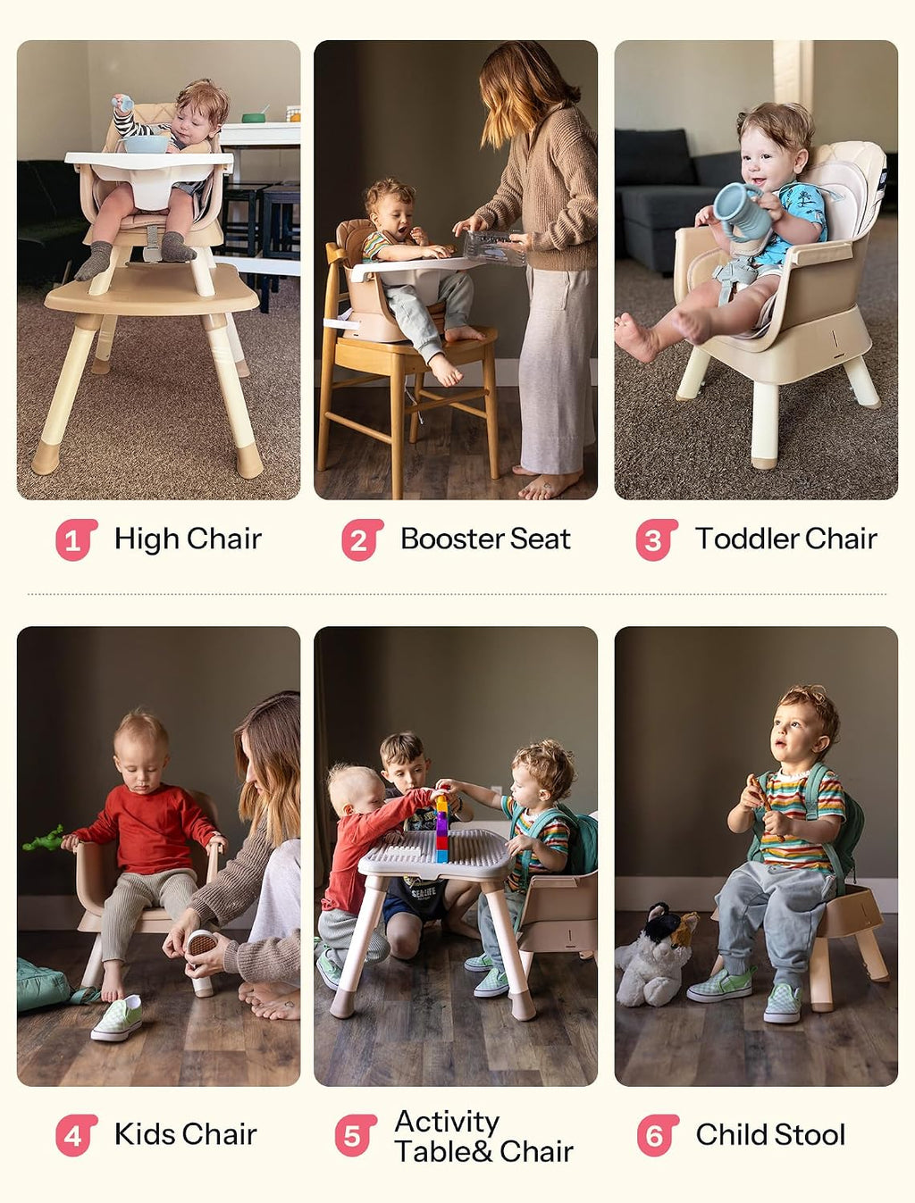6 in 1 Baby High Chair, Convertible Infant Feeding Chair for Babies & Toddlers Table, Dining Booster Seat with
