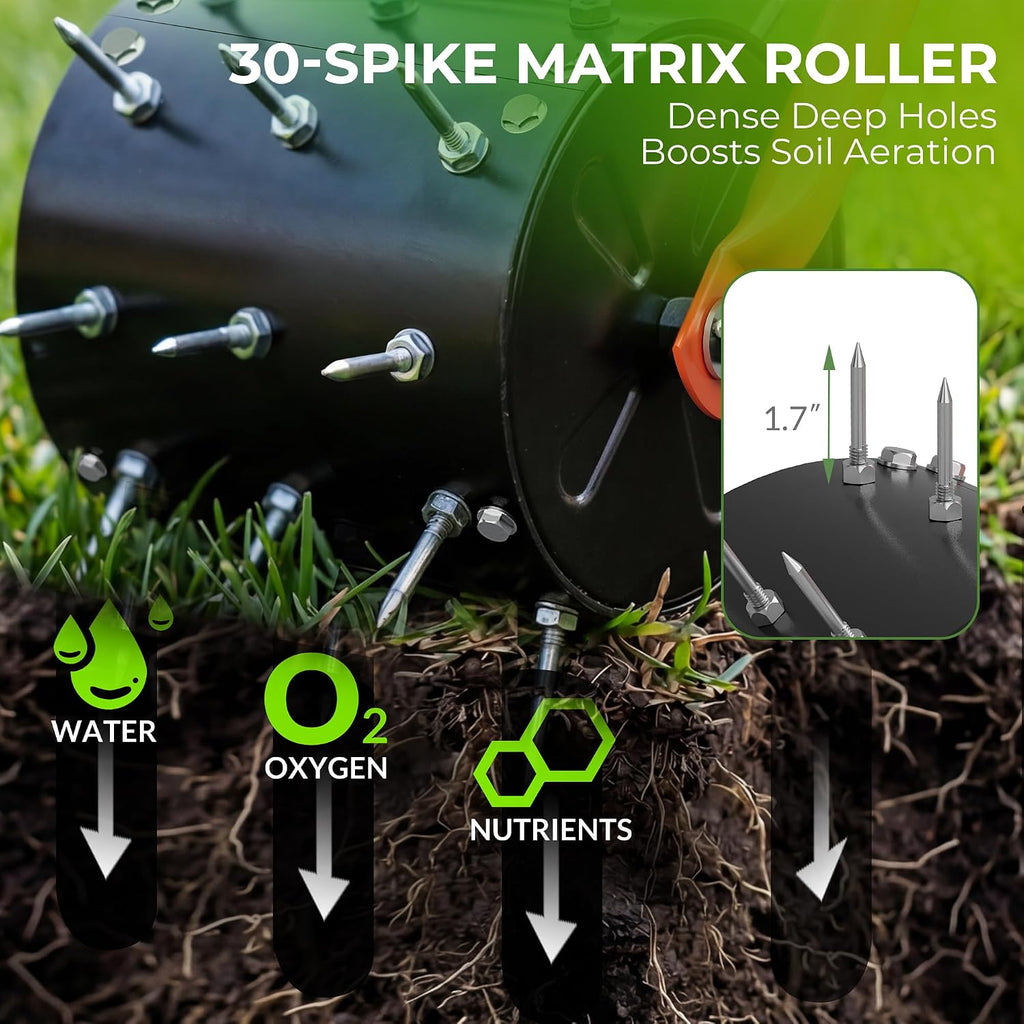 Rolling Lawn Aerator, Heavy Duty Manual Aerator Tool with 30 Spikes, Aerator Lawn Tool with Integrated Dual-Bar