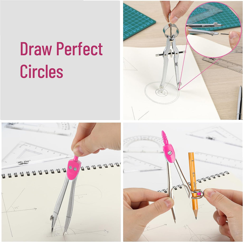 Geometry Set, 13 pcs, 3 Metal Compasses, Protractor, 6" Ruler | 45° & 30°/60° Set Squares, Pencils, Lead Refills