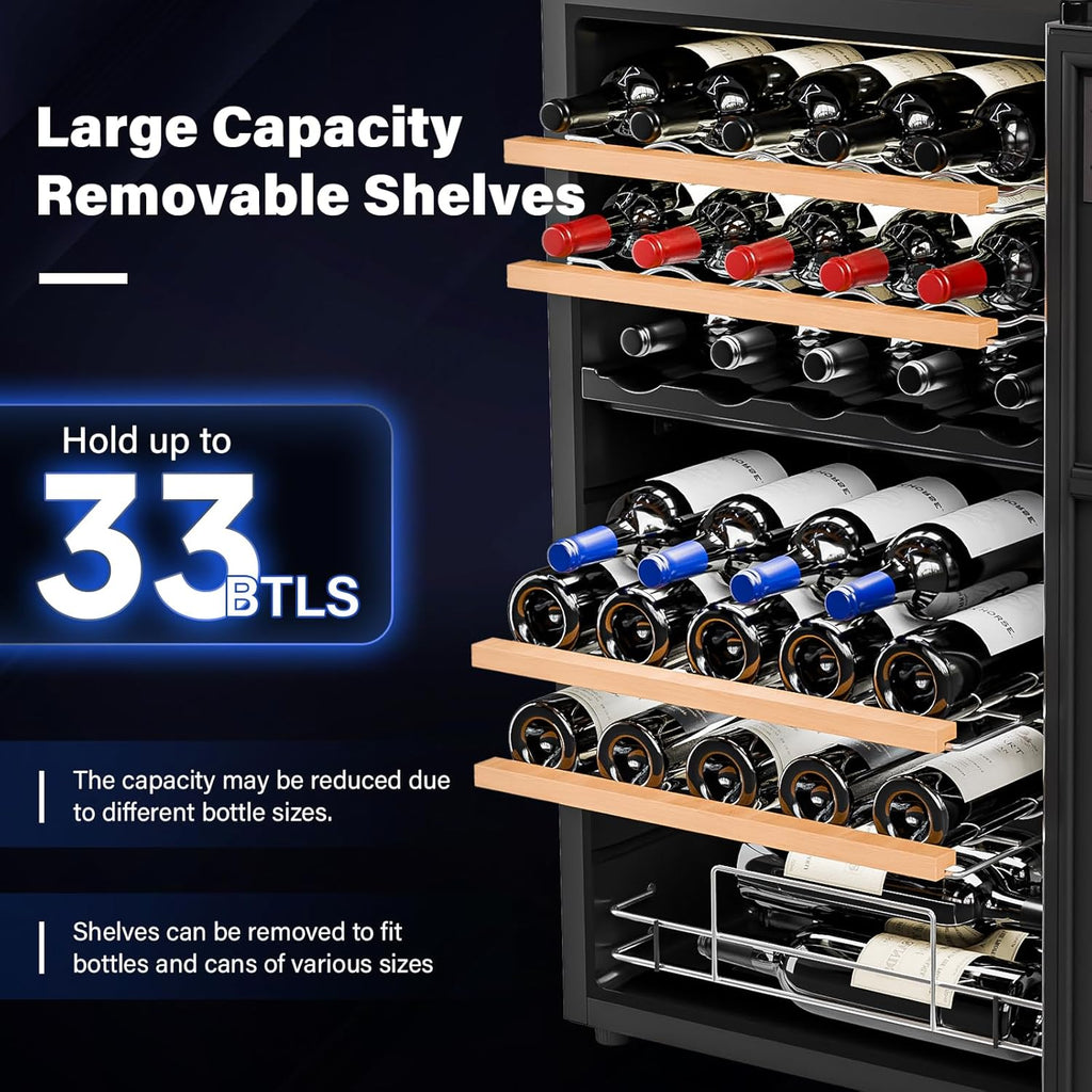 33 Bottle Wine Fridge, Dual Zone Wine and Beverage Refrigerator with Independent Temp Control & LED Control Panel