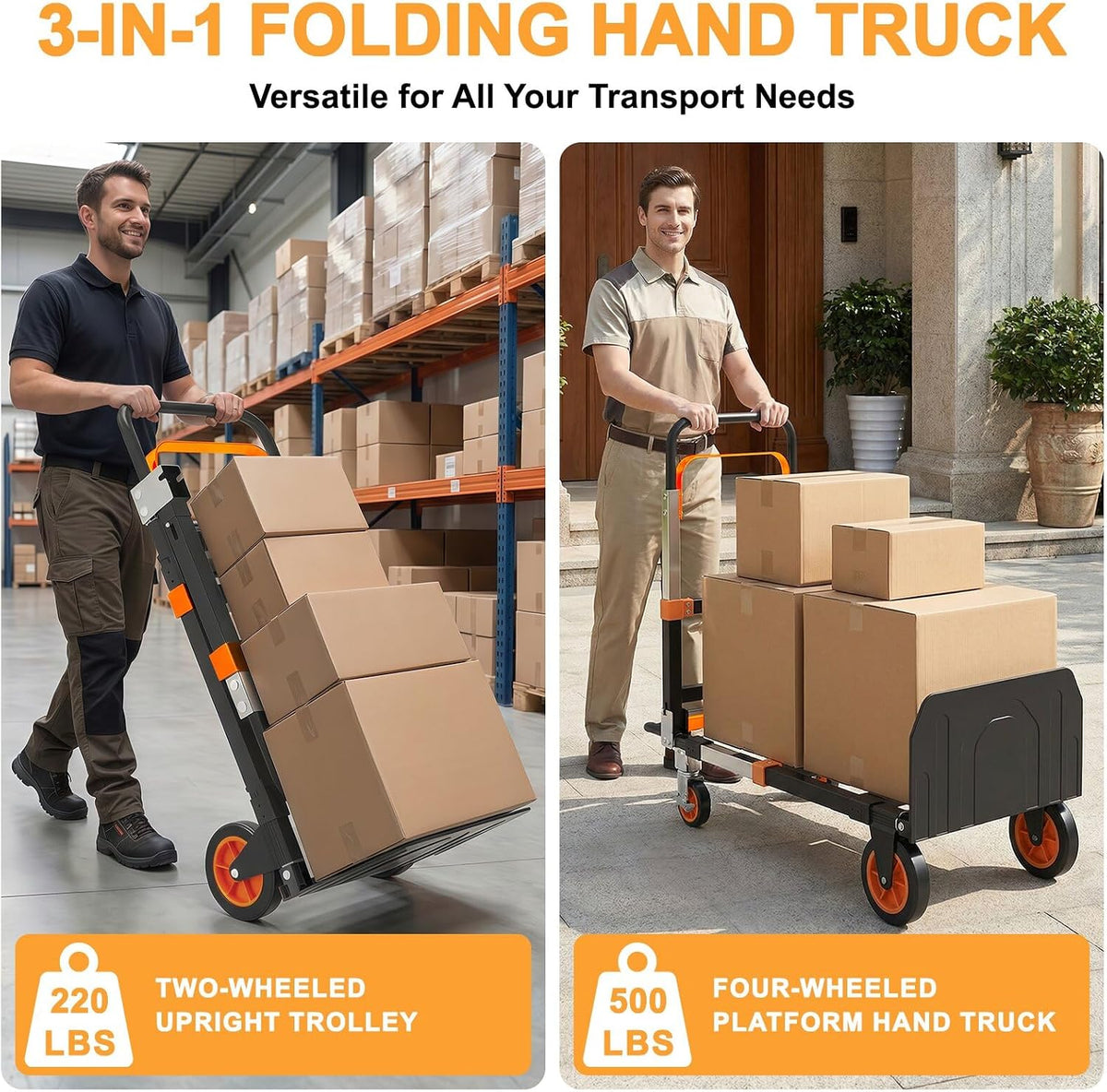 3-in-1 Folding Heavy Duty Hand Truck Dolly Cart Trolley with Wheels(Orange)