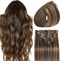 Clip in Hair Extensions Real Human Hair Dark Brown Highlights for Women | Seamless, Balayage, 100% Human Hair