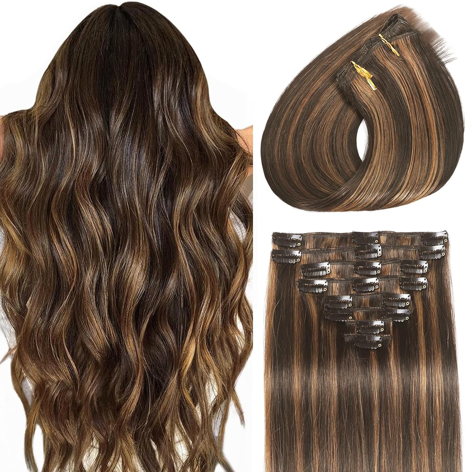 Clip in Hair Extensions Real Human Hair Dark Brown Highlights for Women | Seamless, Balayage, 100% Human Hair