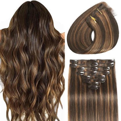 Clip in Hair Extensions Real Human Hair Dark Brown Highlights for Women | Seamless, Balayage, 100% Human Hair