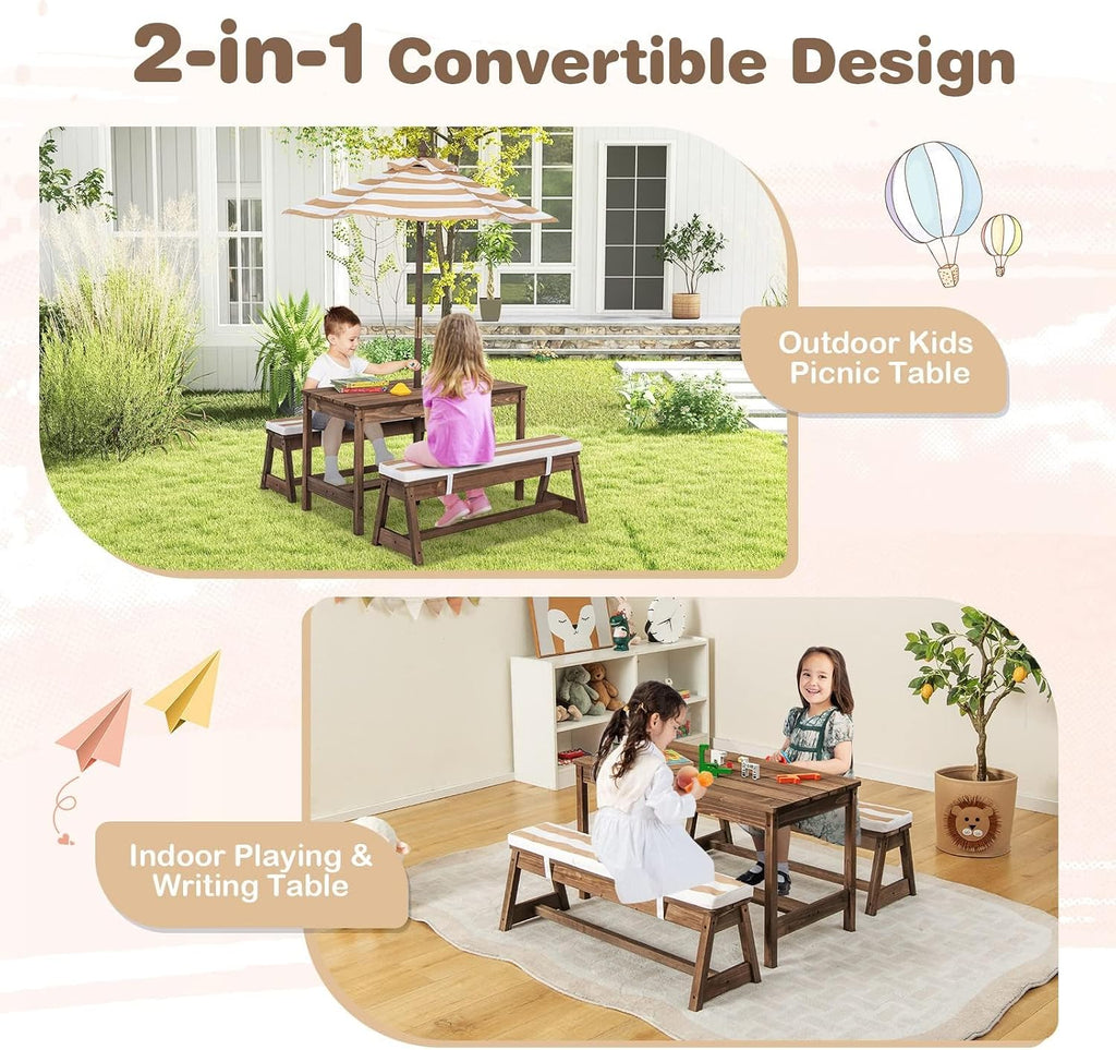 Kids Picnic Table, Outdoor Wooden Table & Bench Set w/Removable Cushions and Umbrella, Stripe Fabric, Children