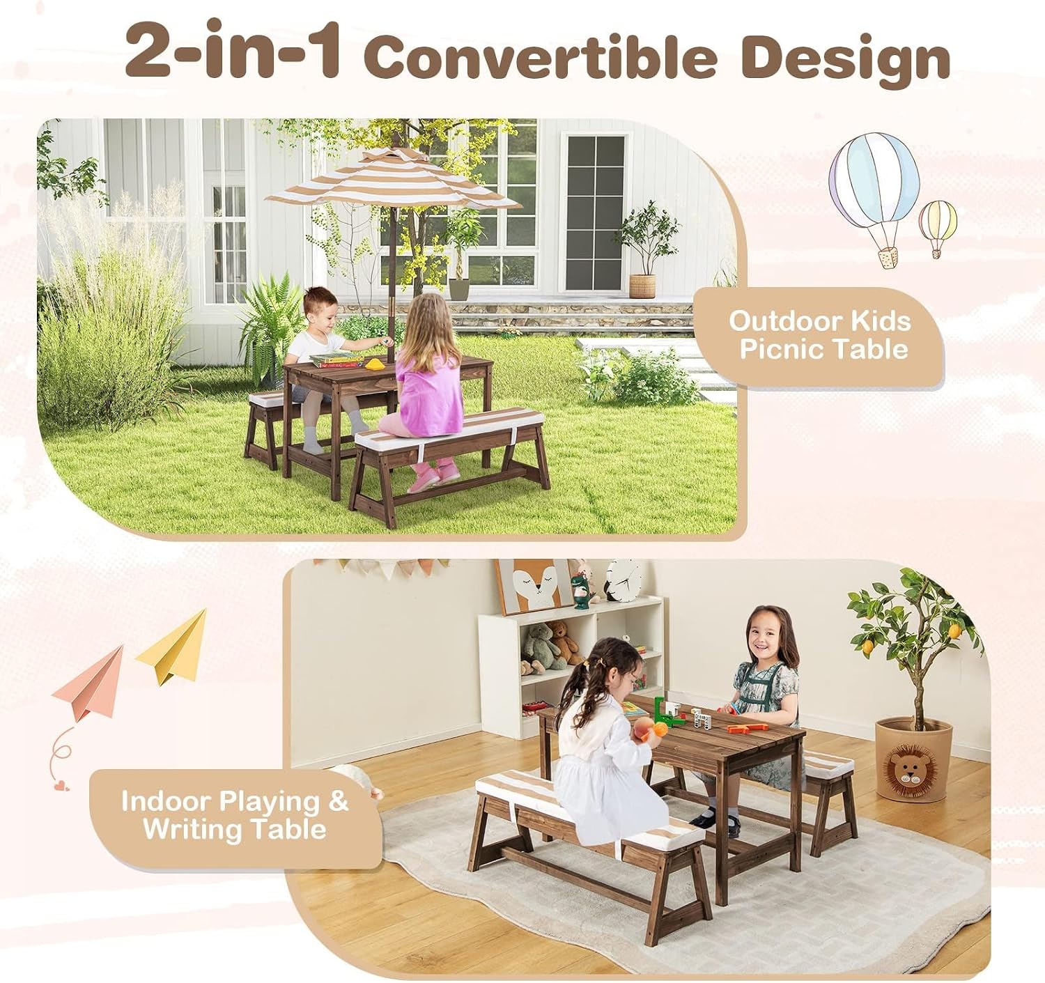 Kids Picnic Table, Outdoor Wooden Table & Bench Set w/Removable Cushions and Umbrella, Stripe Fabric, Children