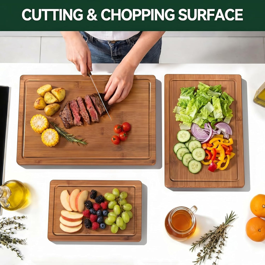 Bamboo Cutting Board Set of 3 with Holder – Space-Saving Kitchen Boards for Fruit, Cheese & Everyday Food Prep –