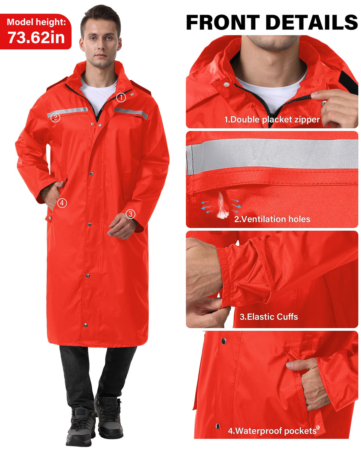 Raincoat Waterproof Hi Vis Reflective Long Rain Jacket Unisex (M, Red)