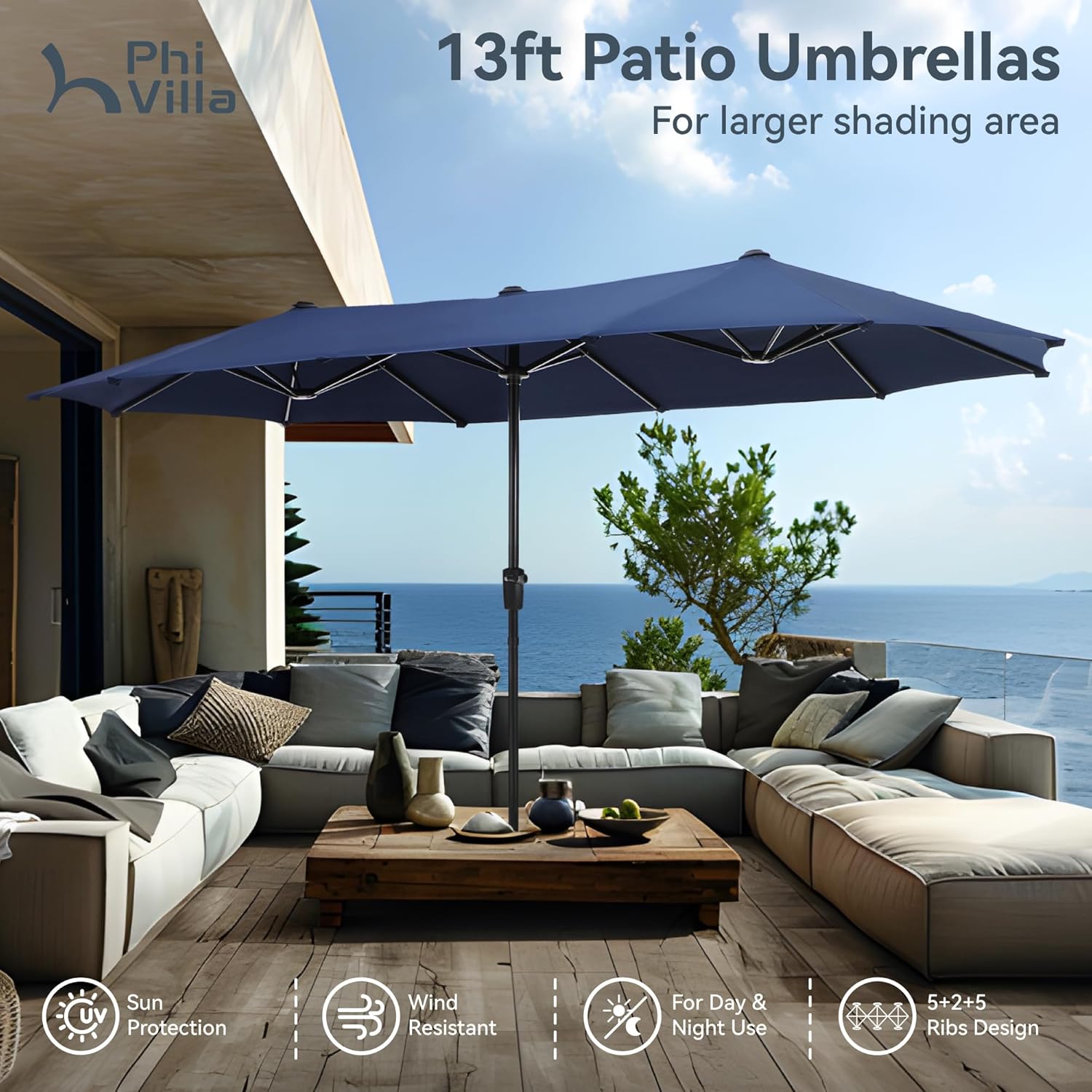 13ft Outdoor Market Umbrella Double-Sided Twin Large Patio Umbrella with Crank, Navy Blue