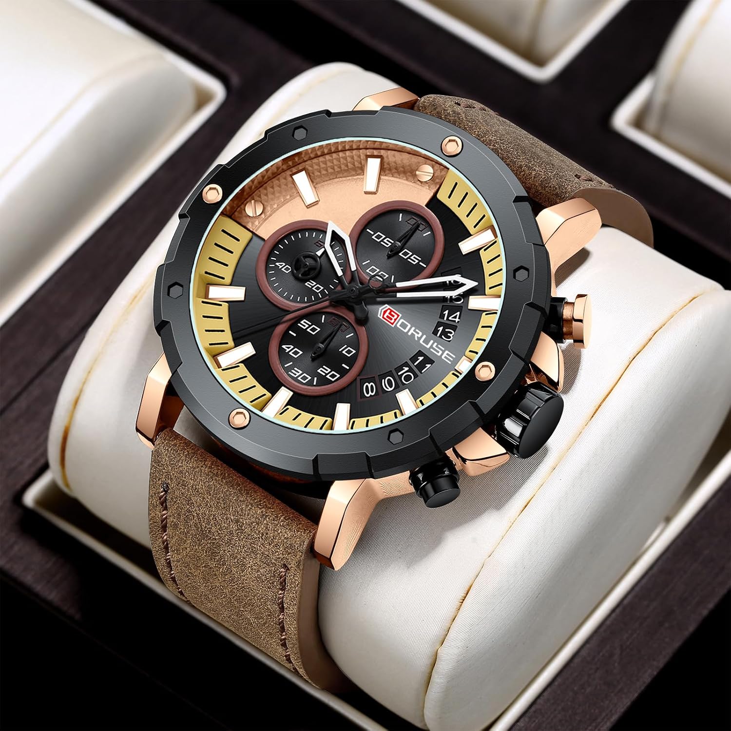 Mens Watches Luxury Chronograph Classic Waterproof Watch Large Face Analog Luminous Fashion Leather Analog Quartz