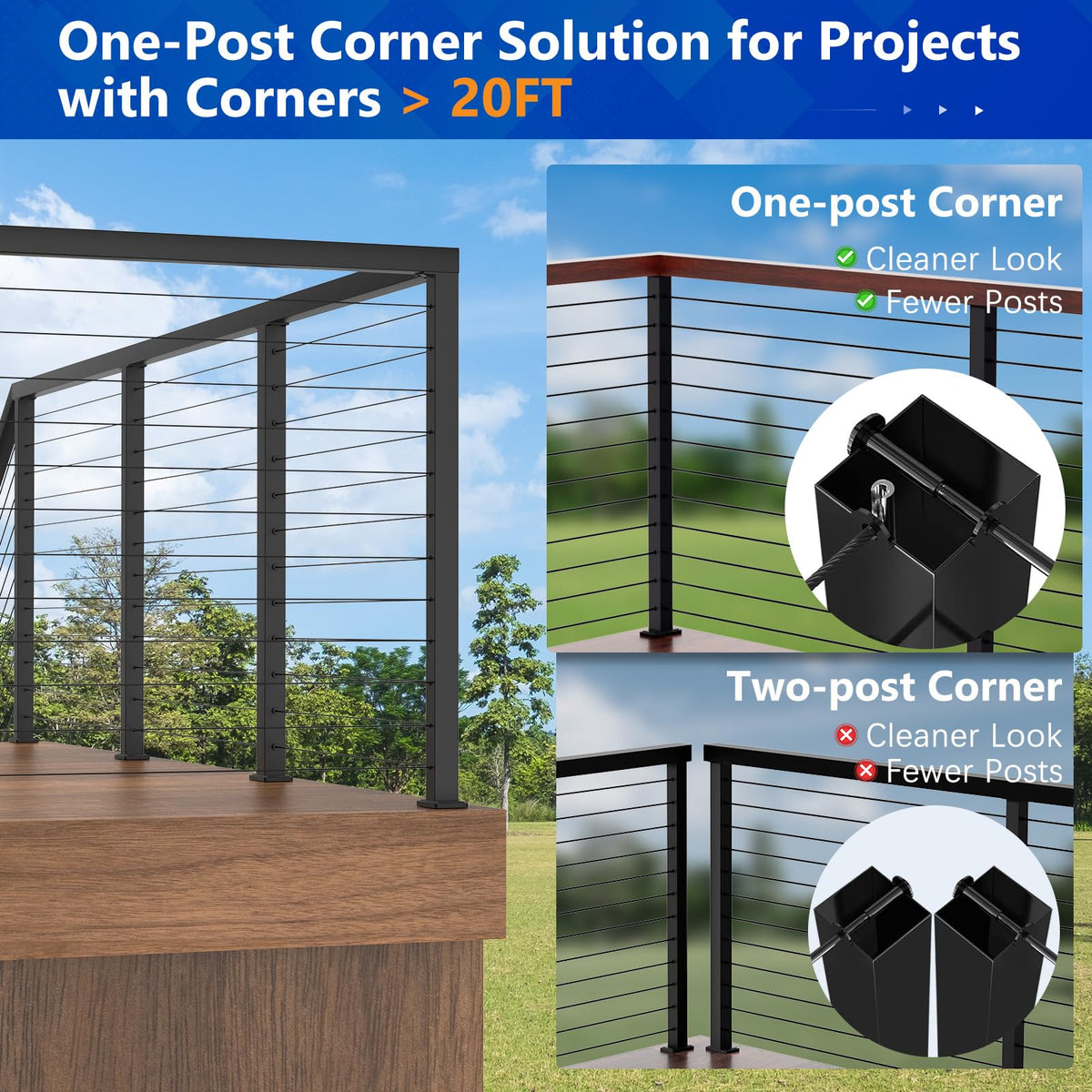 42" Modular Cable Railing Corner Post for Deck Porch, T-drilled