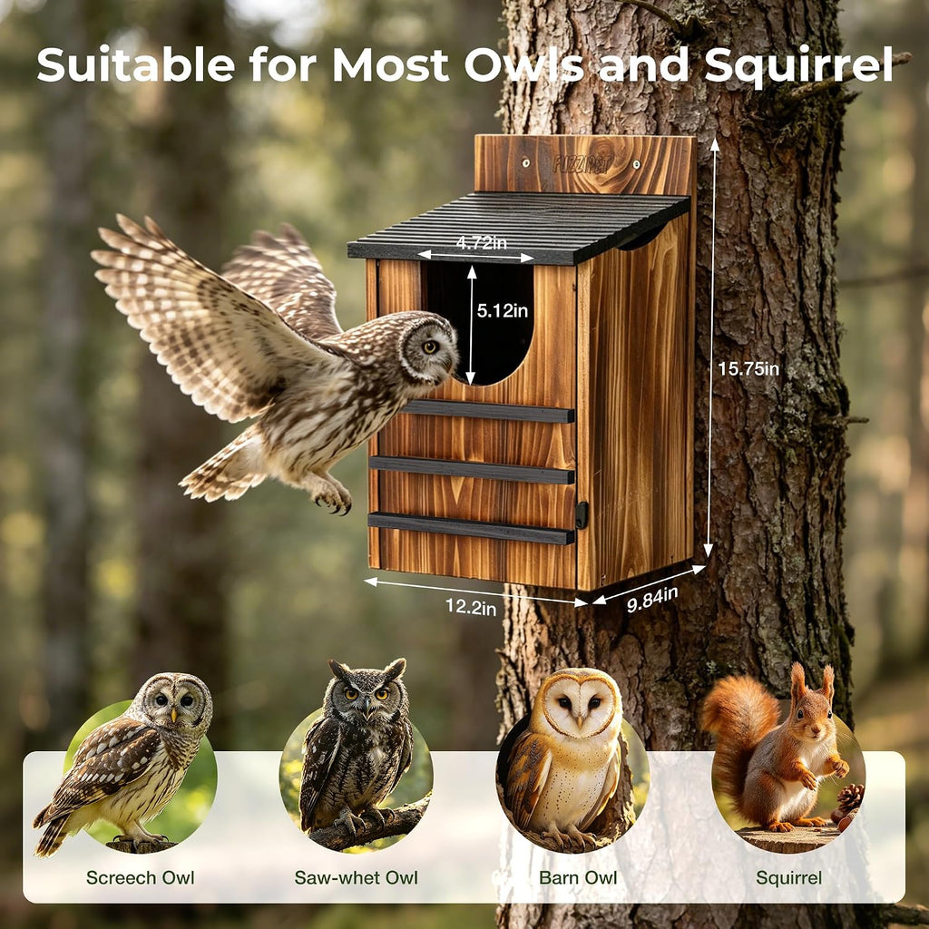 Owl House for Outside, Wooden Owl Nesting Box for Barn Owl Screech Owl