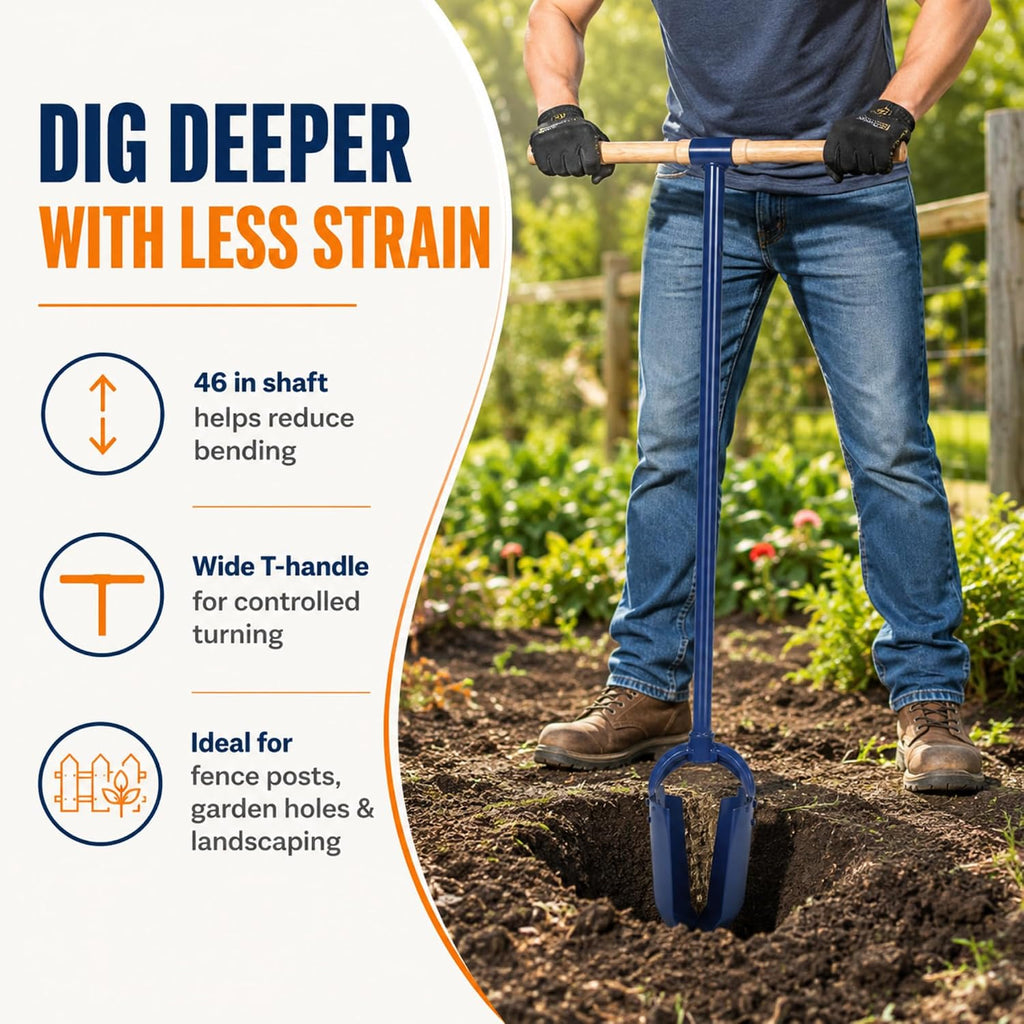 Post Hole Digger Tool 6"x 46" Hand Auger T Handle Heavy Duty Adjustable Lawn Auger Post Hole Digger Sharp Blades
