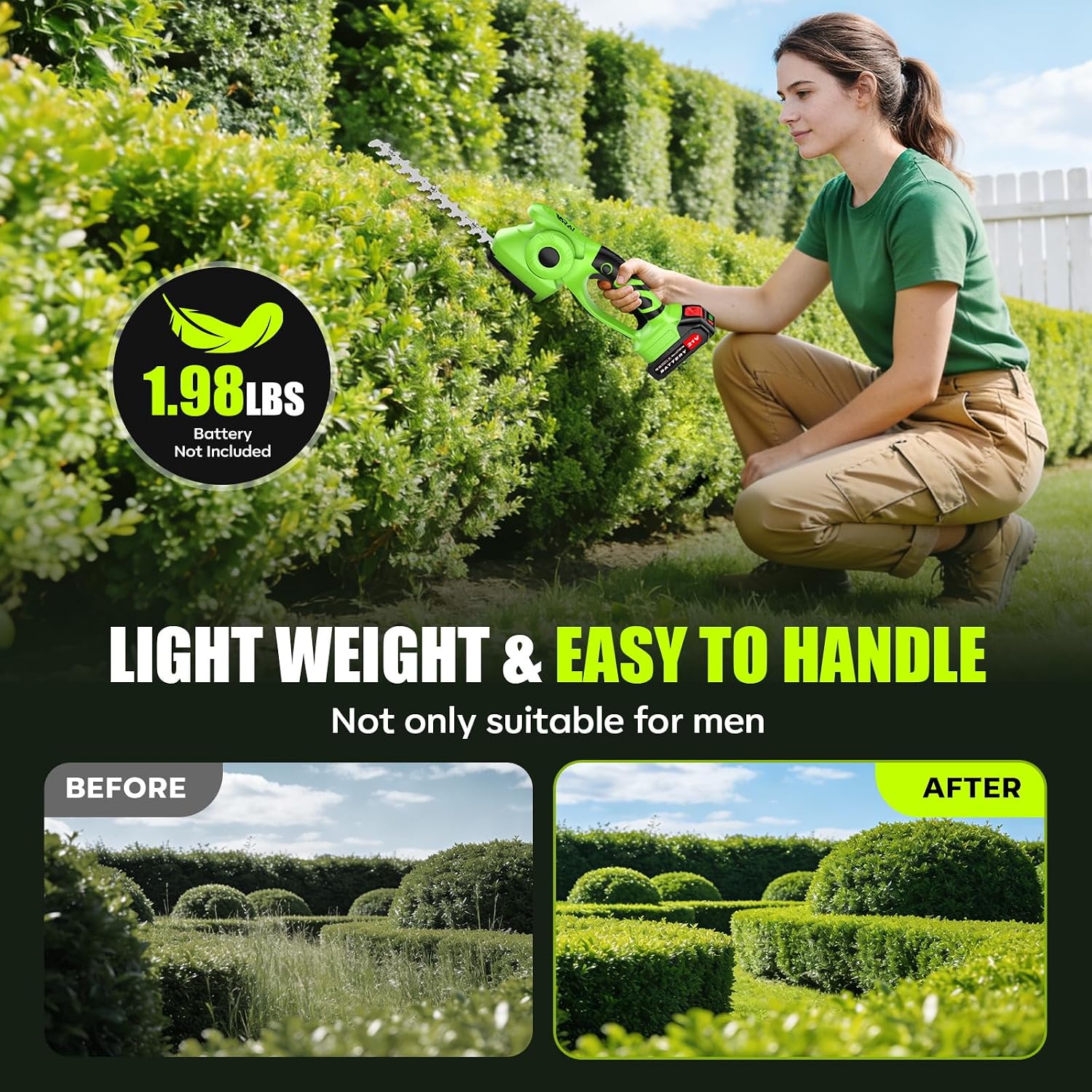 Cordless Hedge Trimmer, Professional Bush Trimmer with Sharp Dual Blades, Lightweight Battery Powered Garden Tool for