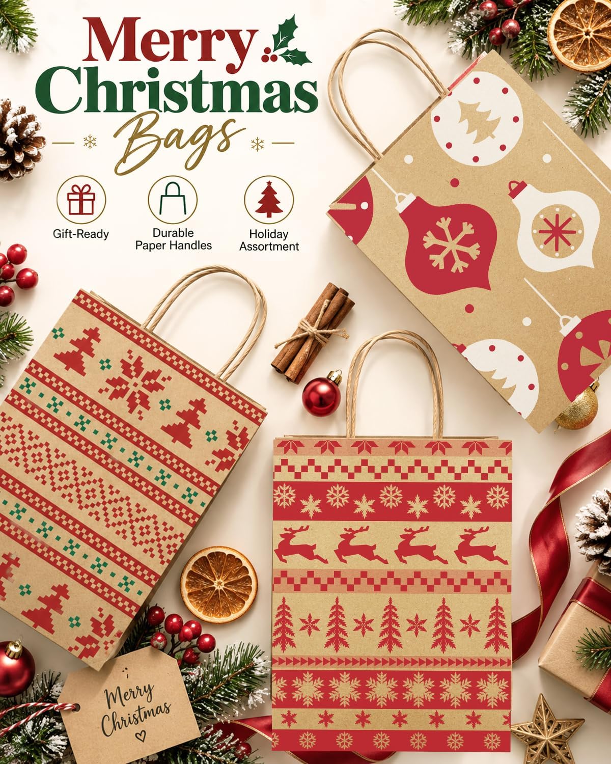 Christmas Gift Bags with Handles, 36 Pack, 8x4.25x10.5 in Kraft