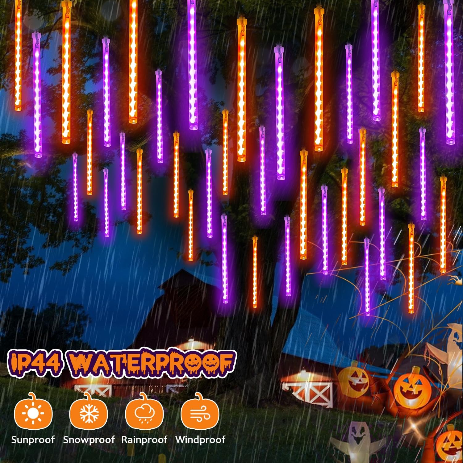 Halloween Lights Outdoor 2 Pack 16 Tube Meteor Shower Lights Orange Purple | Total 384LED, Extendable, Plug in