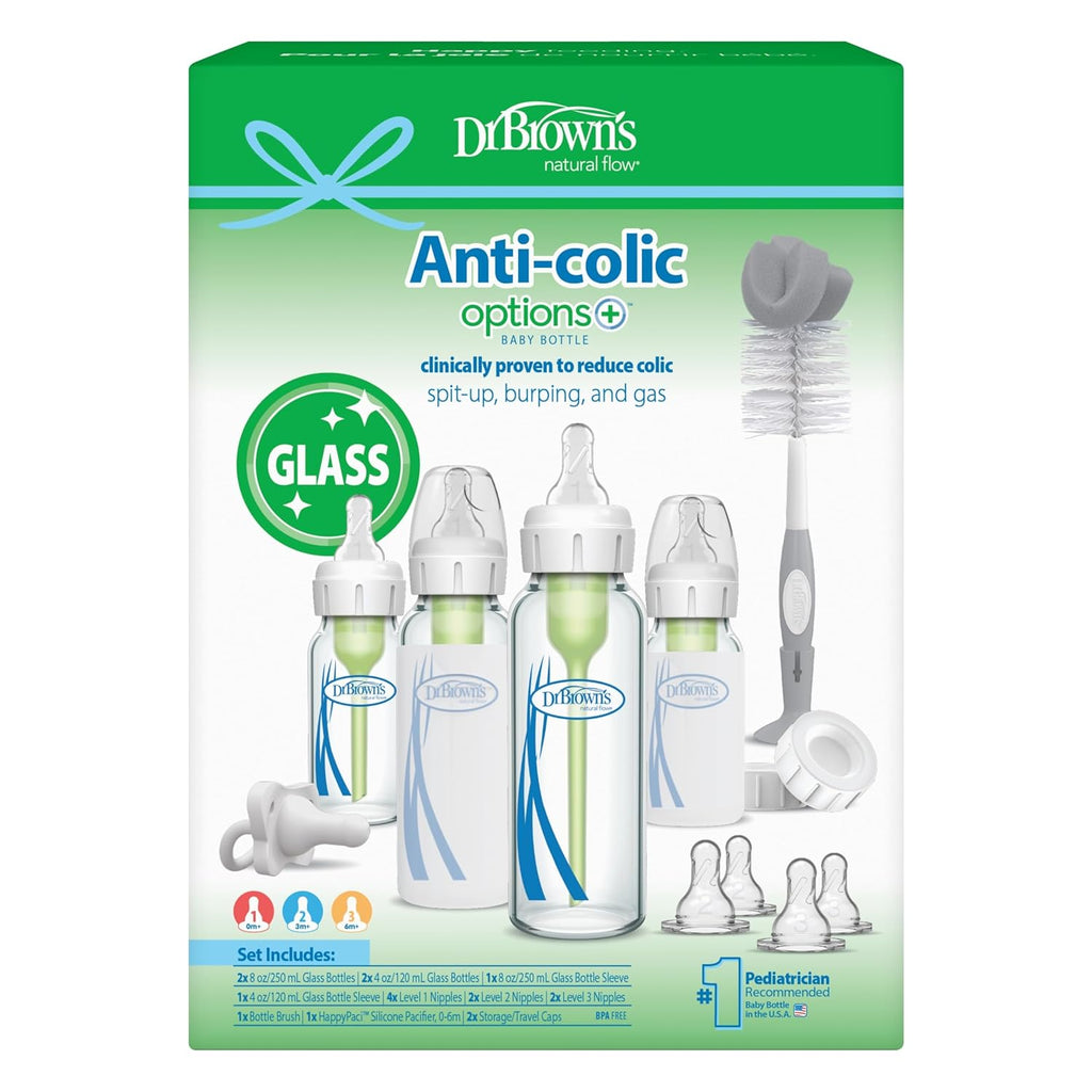 Anti-Colic Options+ Narrow Glass Baby Bottle Starter Set with Level 1, 2, and 3 Nipples, Silicone Sleeves, Soft-Touch