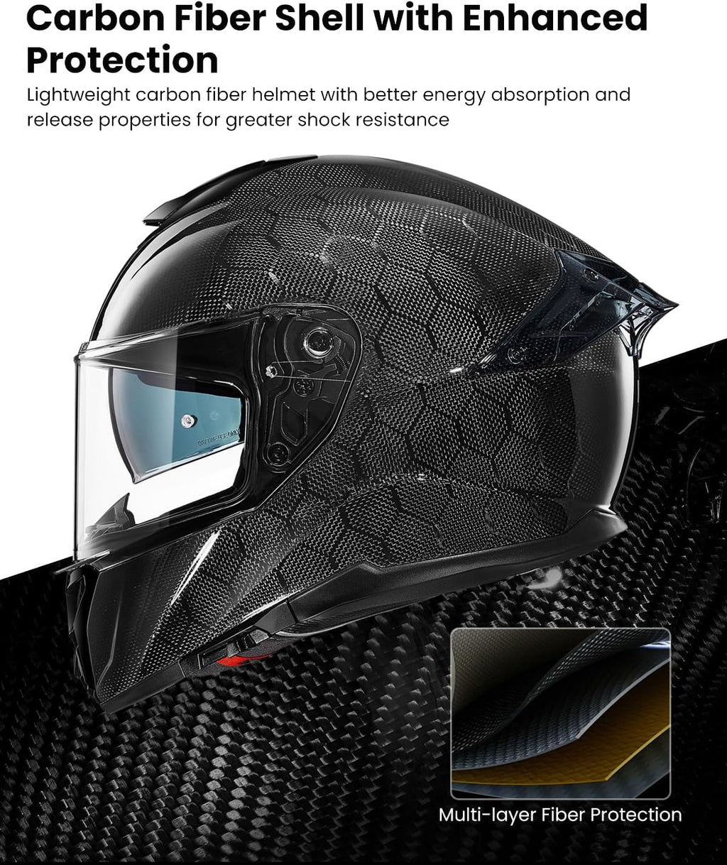 Carbon Fiber Motorcycle Helmets Lightweight Full Face Dual Visor Helmet with Rear Wing Pinlock Compatible Motorbike