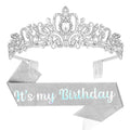 Silver Rhinestone Birthday Tiara and Sash Set, "It's my Birthday" Glitter Sash with Crystal Crown for Women, Birthday