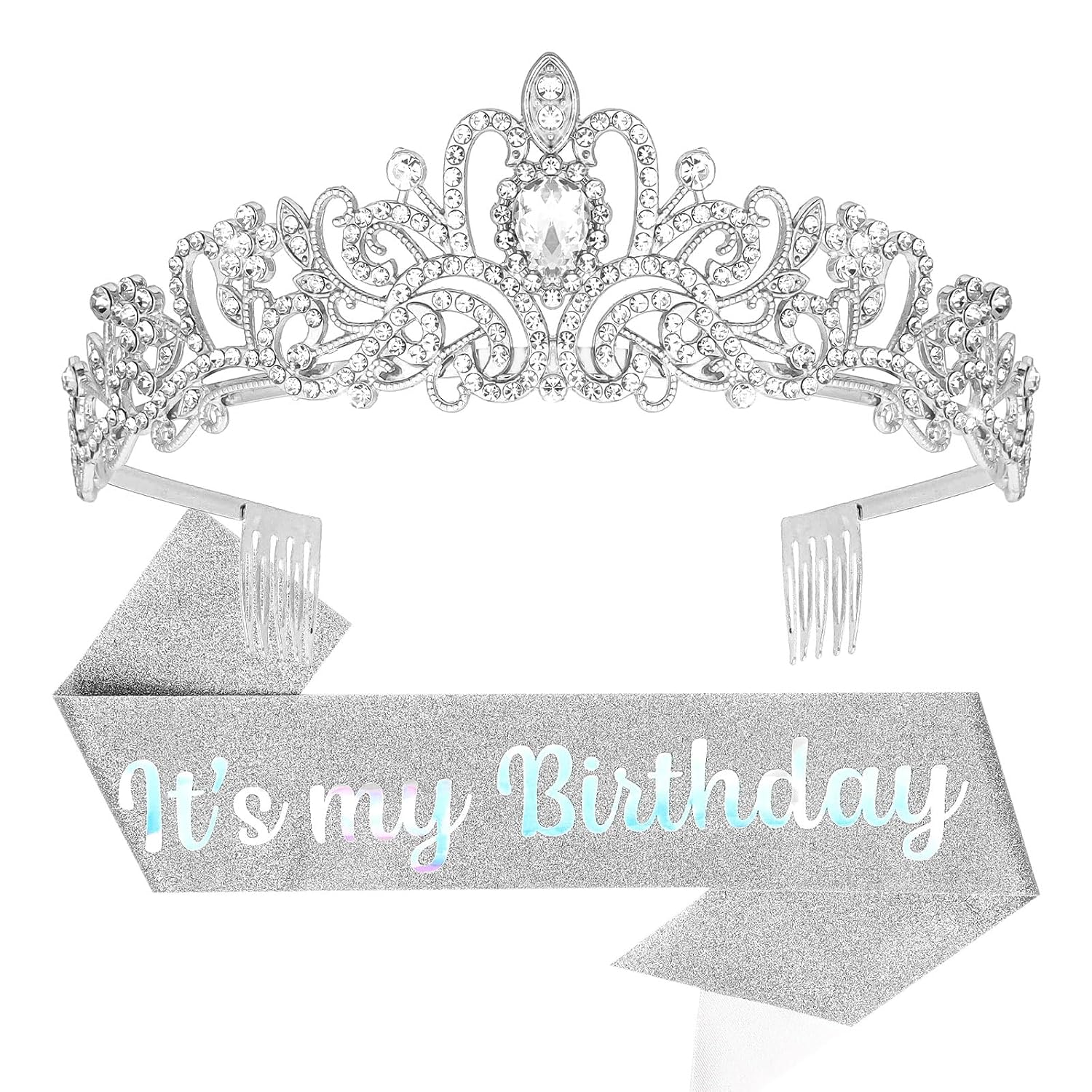 Silver Rhinestone Birthday Tiara and Sash Set, "It's my Birthday" Glitter Sash with Crystal Crown for Women, Birthday
