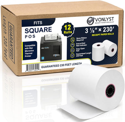 Receipt Paper Roll 3 1/8 x 230 for Square Register and Square POS System connected to Star Micronics Thermal Printer