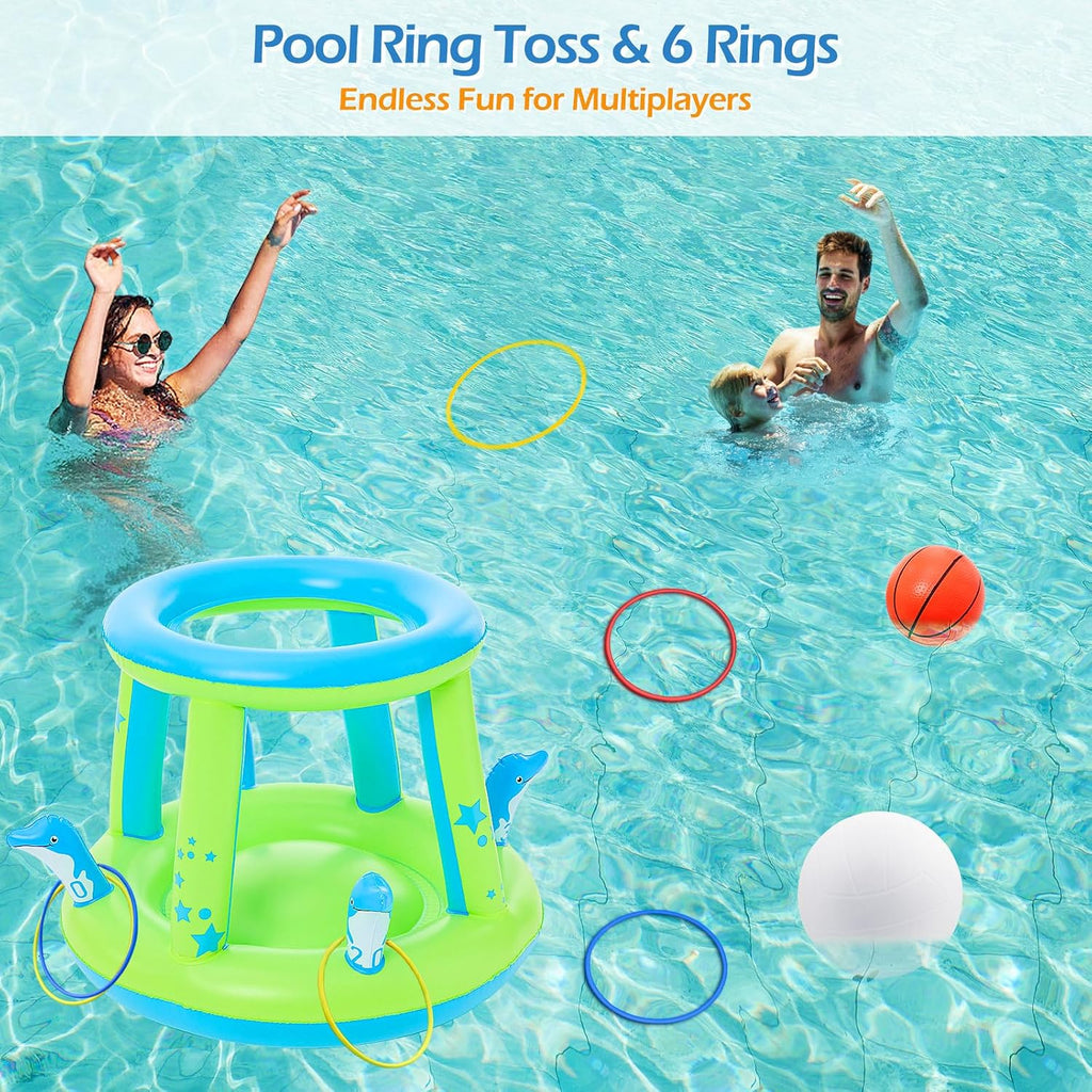 Pool Toys Games Set - 3 in 1 Pool Volleyball Net Basketball Hoop Ring Toss Game Inflatable Floats Water Floating