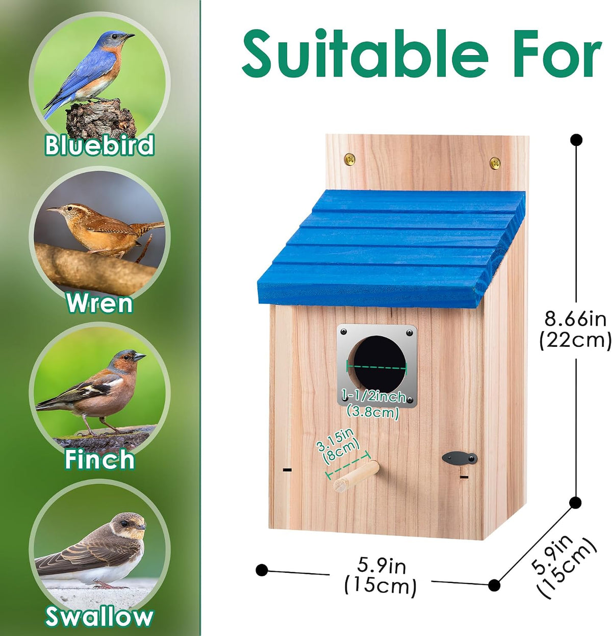 2 Pack Bluebird House for Outside, Blue Roof, Wood