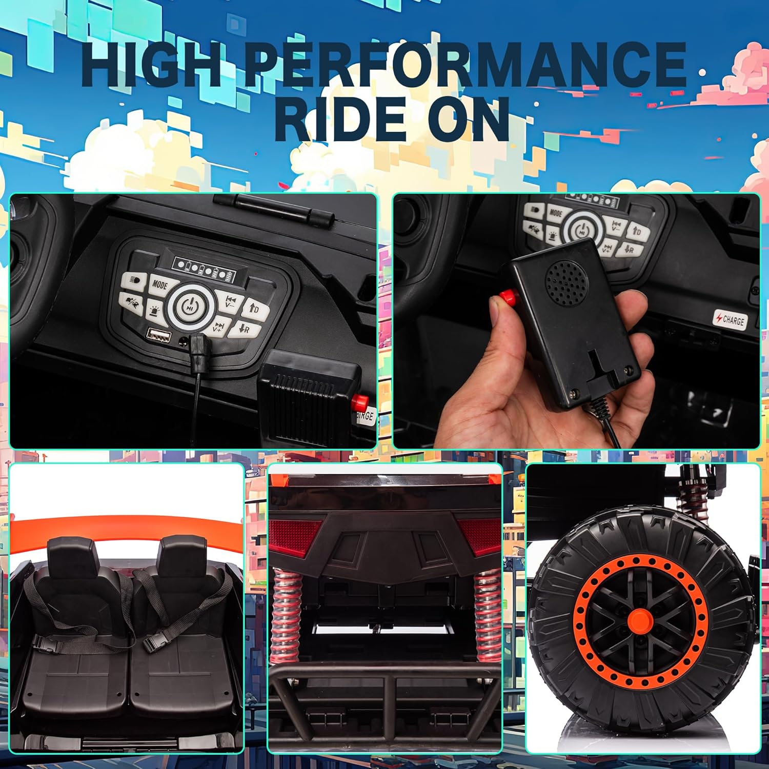 24V Ride on Car Toys for Big Kids, 4 Wheeler Electric Off-Road UTV Trucks with 2-Seater, LED Lights, Music and Remote