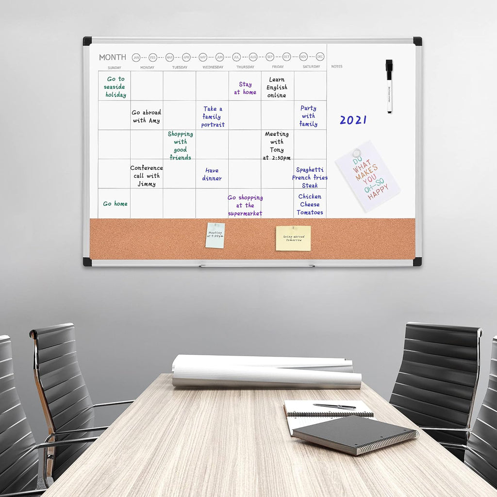 24" x 36" Monthly Whiteboard Calendar with Cork Board, Dry Erase Magnetic Whiteboard for Daily Planning, Wall