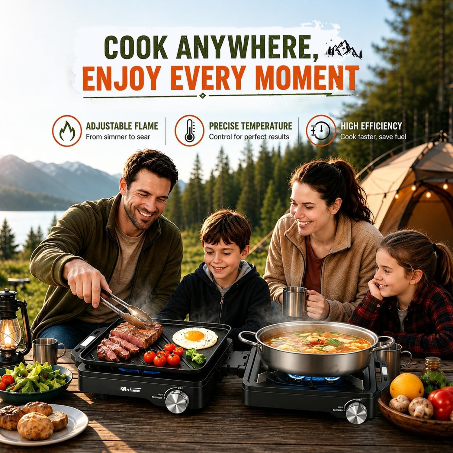 29000 BTU 2 Burner Camping Stove with Windshield, Propane Camp Stove, Portable Folding Gas Stove, Camping Essentials