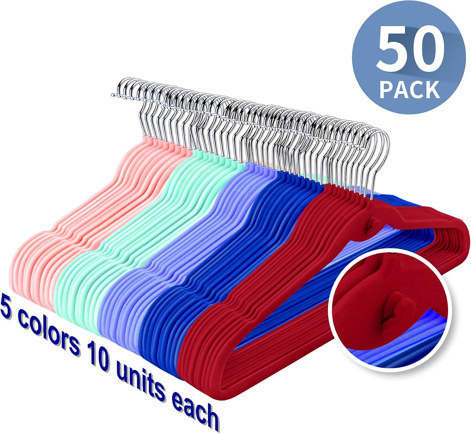 Multi-Color Premium Velvet Hangers with Mini Hooks, Pack of 50, Non Slip, Space Saving Cascading Clothes Hangers, 5