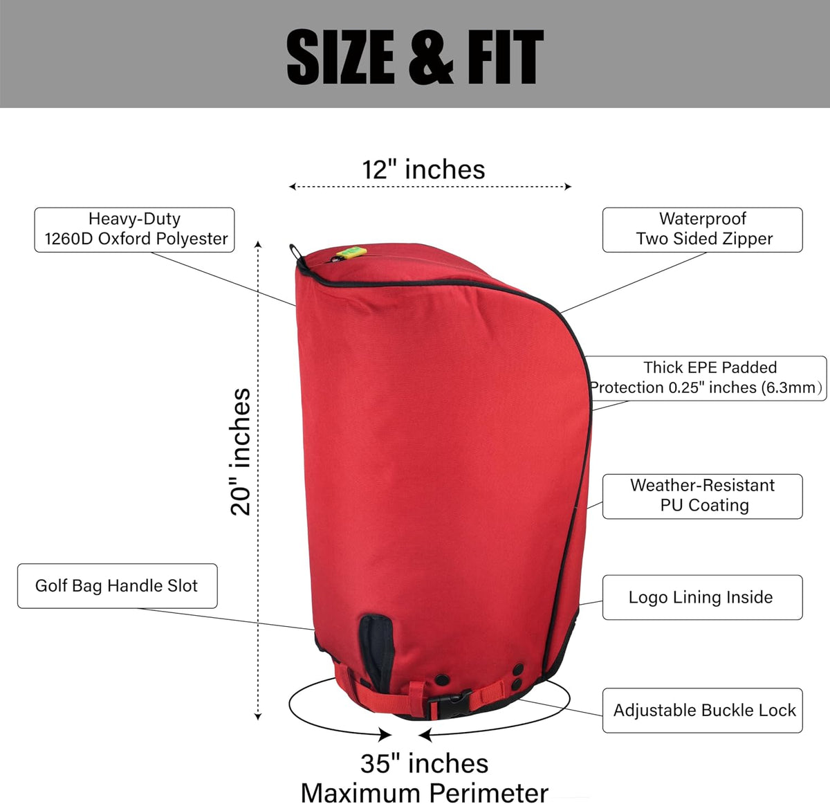 Golf Bag Rain Hood Cover for Standard Size, Waterproof 1260D Oxford Polyester, 12x20 Inches, Thick Padding