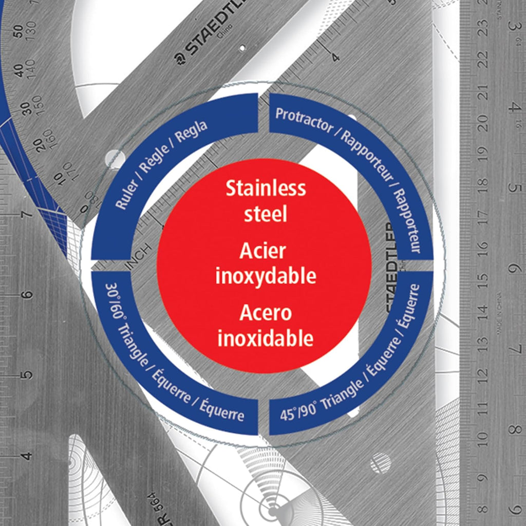 Stainless Steel Math Set - With 12in Ruler, 2 Triangle Set Squares (45/90° & 30/60°), 6in Protractor - Precision
