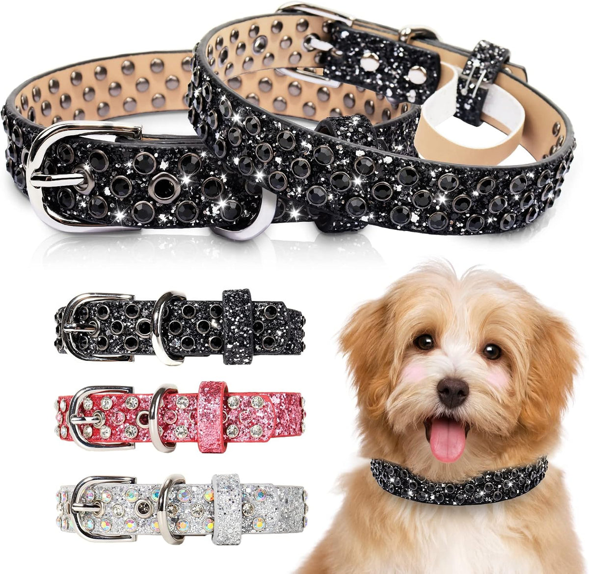 Rhinestone Leather Dog Collar Bling Dog Collars for Small Medium Large Dogs - Soft Microfiber Leather with Adjustable