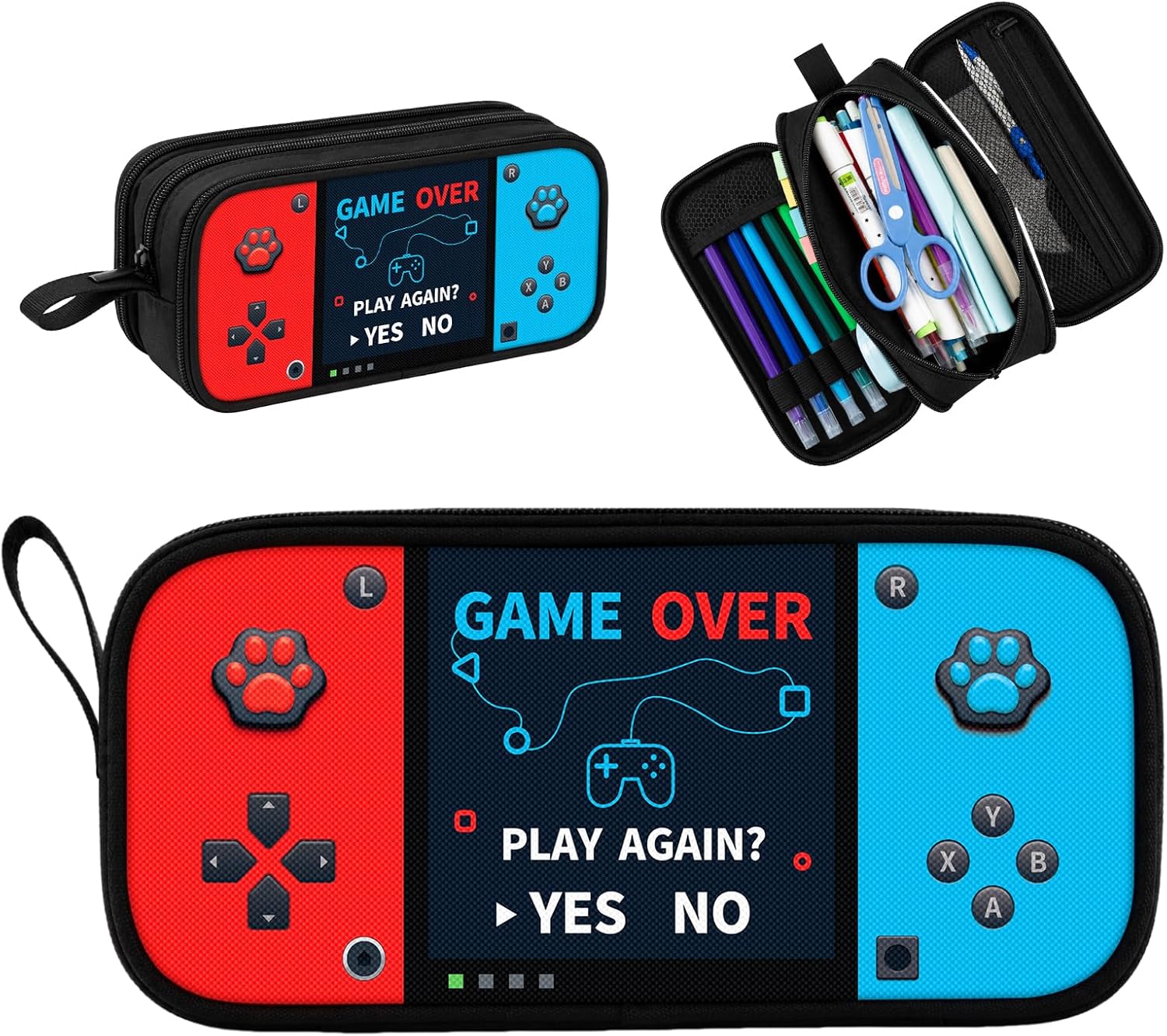 Game Controller Pencil Case for Boys Kids Teens, Large Capacity Pencil Pouch with 3 Compartments, 7 Pockets and Label