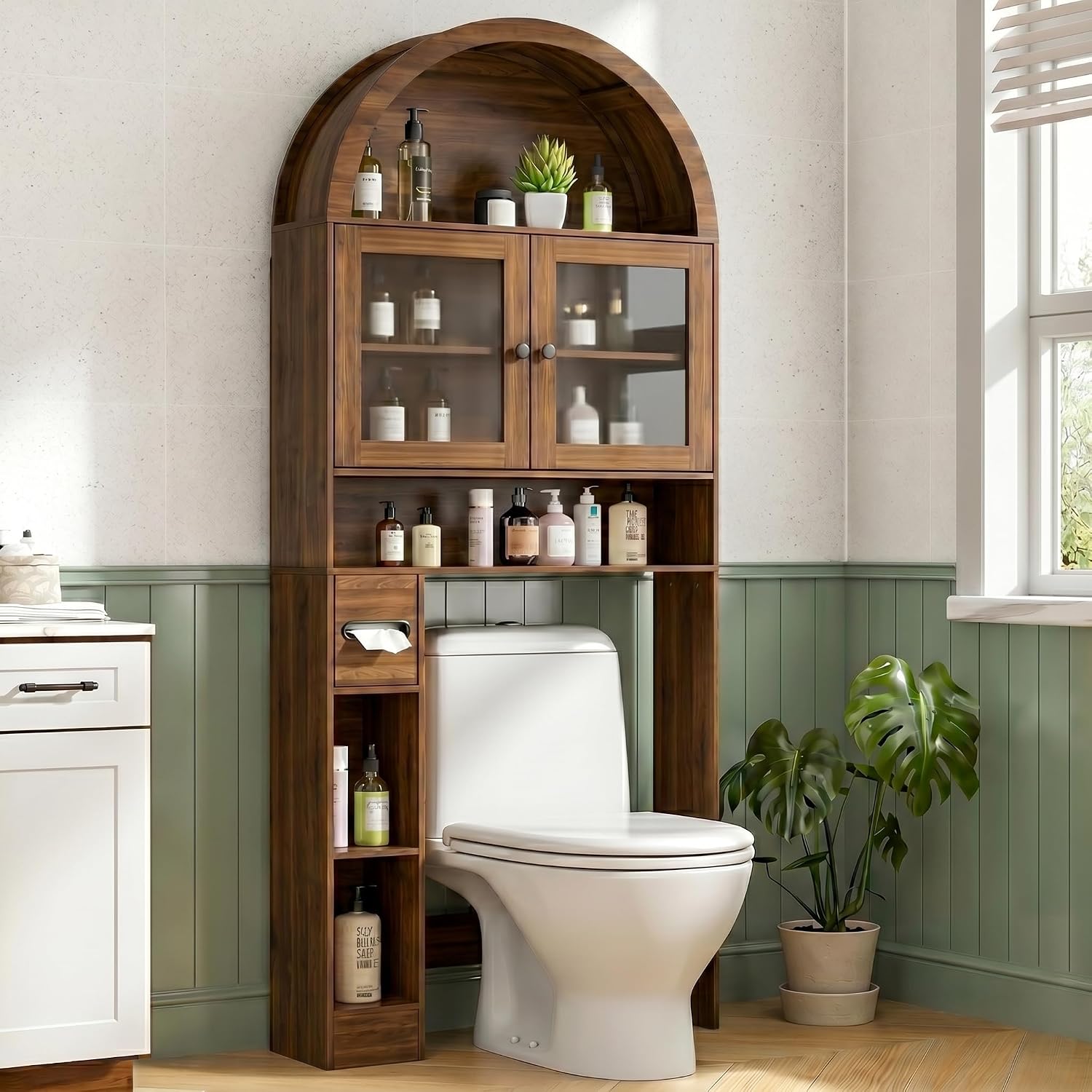 Arched Over The Toilet Storage Cabinet with Glass Doors, Above Toilet Bathroom Organizer, 4 Tier Bathroom Cabinet