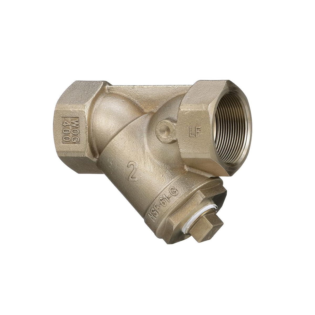 2 in Bronze Wye Pattern Strainer, Thread, 20 Mesh Screen, Tapped Retainer Cap, Closure Plug