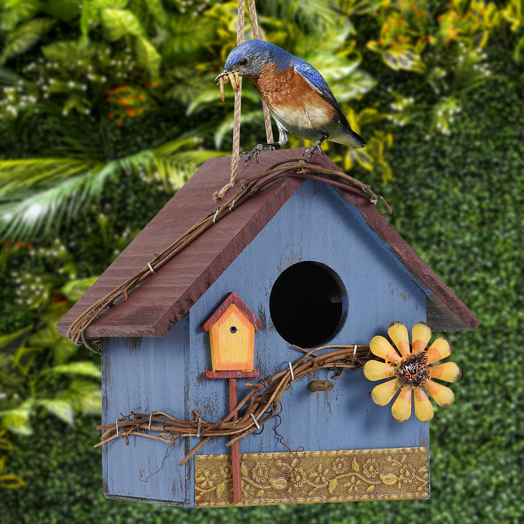 Blue Wooden Hanging Bird House Feeder for Outside Garden Wild Birds