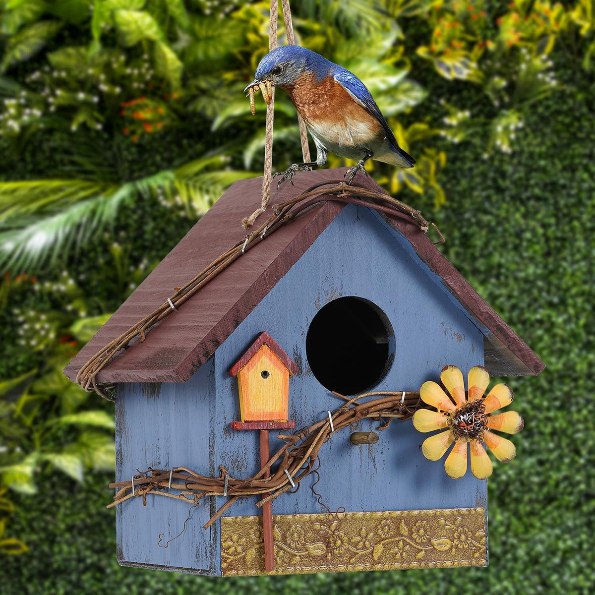 Blue Wooden Hanging Bird House Feeder for Outside Garden Wild Birds