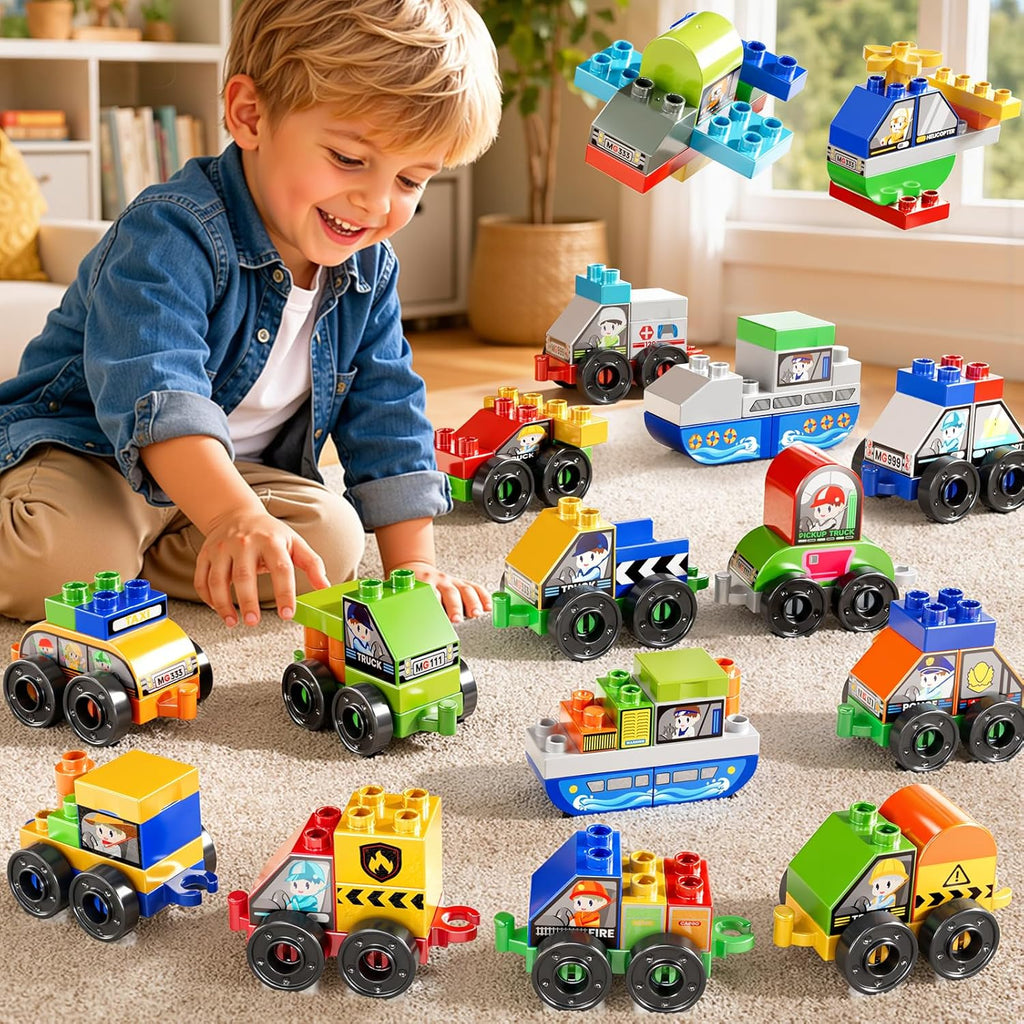 Toddlers Car Building Blocks Set, 16Pcs Different Vehicles, Build Your Own Toy Cars, STEM Learning Toy for Ages 3-5