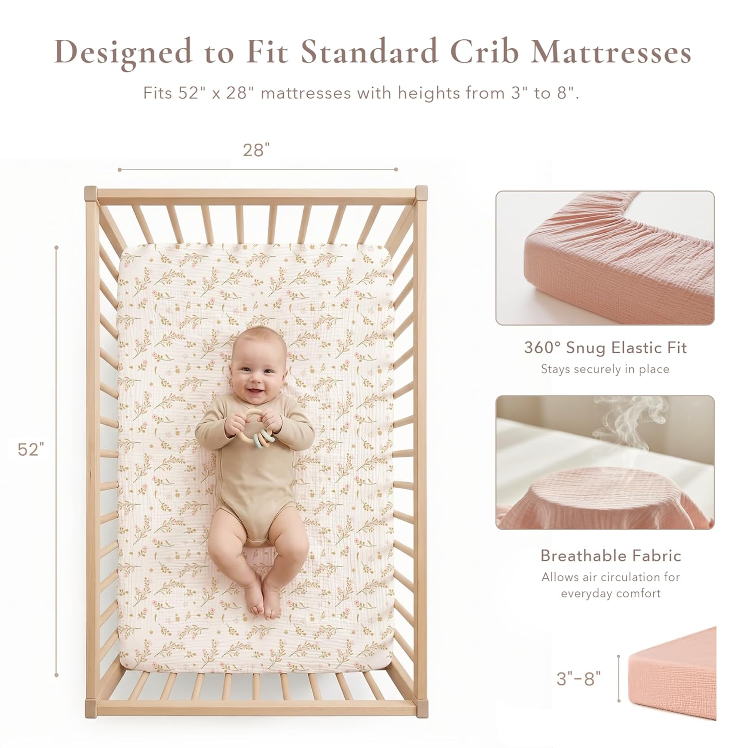 Muslin Crib Sheets for Girl Boy, 2 PCS Soft and Breathable Cotton Baby Sheets for Standard Crib Mattress, 52"x 28"