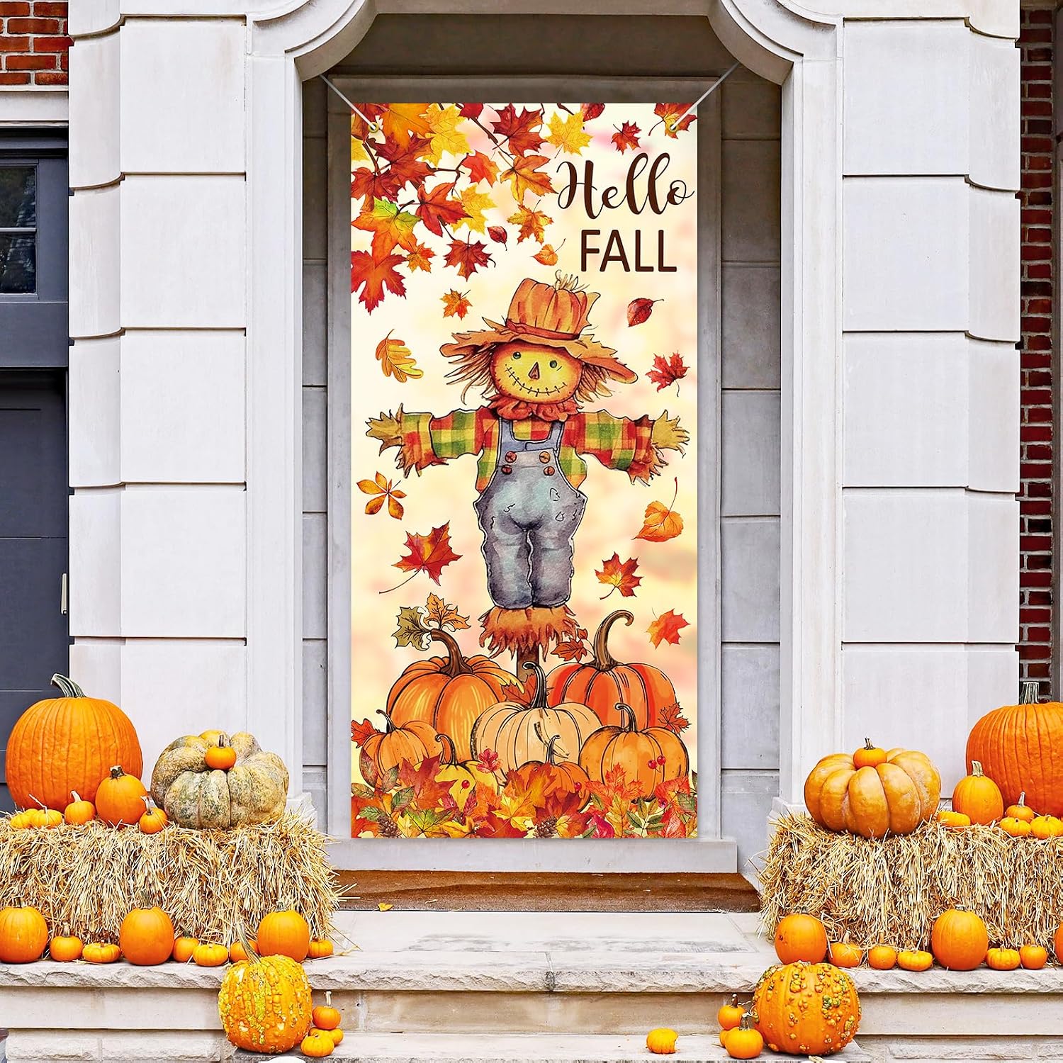 Fall Door Banner Cover Scarecrow Pumpkin Leaves Hanging Banner Autumn Harvest Fabric Photo Background for