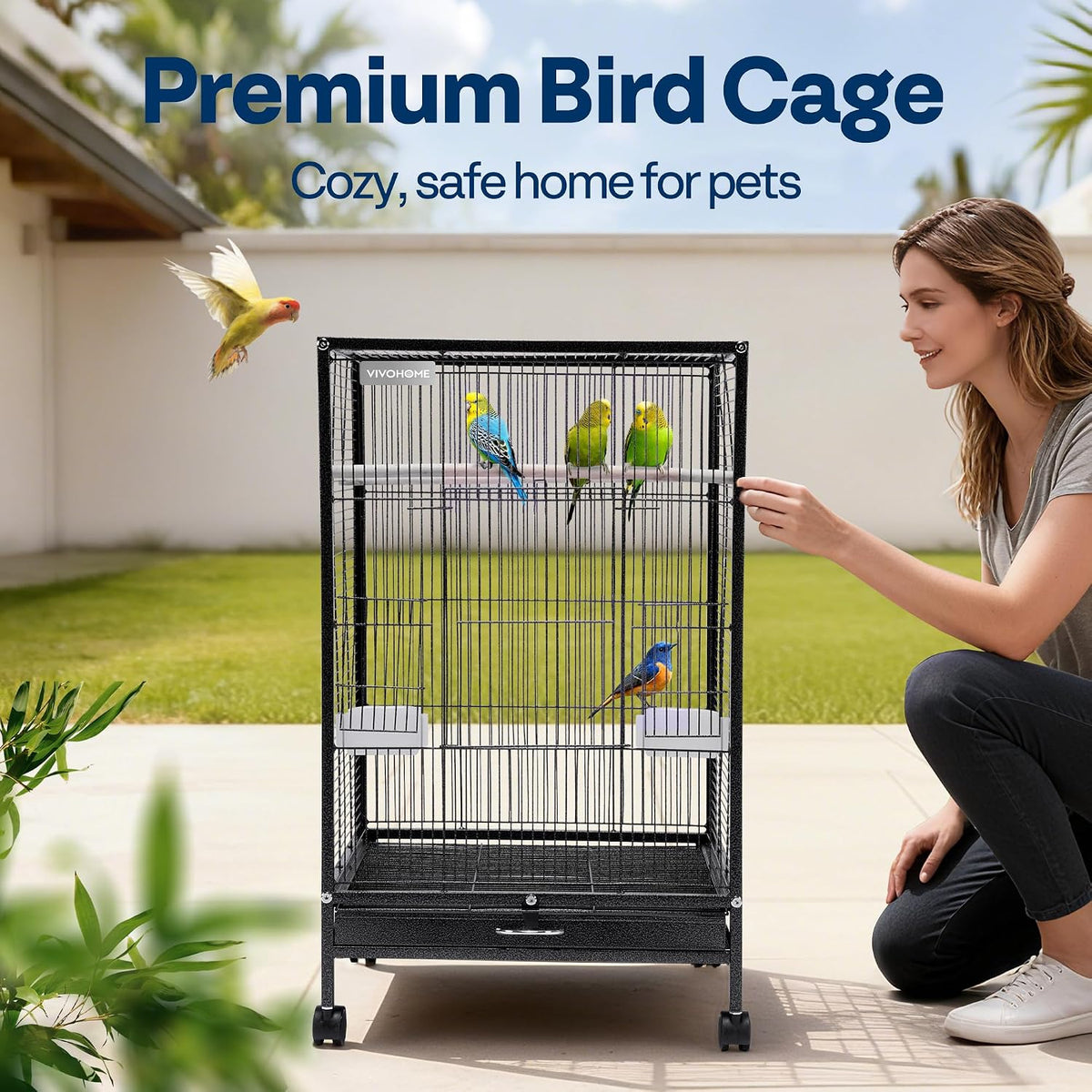 Wrought Iron Bird Cage with Rolling Stand, 30 Inch Height