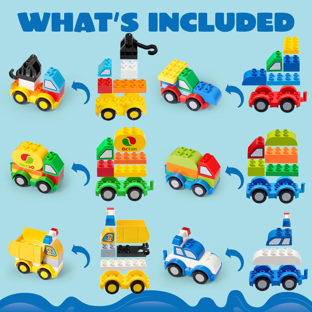 80Pcs Toddlers Car Building Blocks Set, 12Pcs Different Vehicles, Build Your Own Toy Cars, Compatible with Brand Name